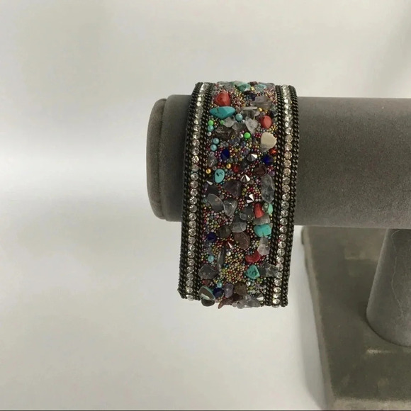 Multi Stone Beaded Magnetic Clasp Wrap Cuff Bracelet - Picture 2 of 7